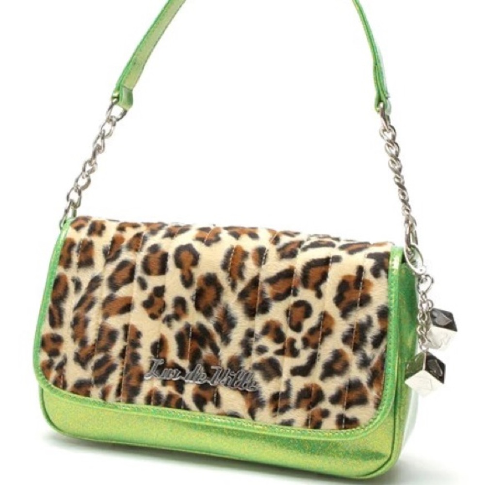 Lux de Ville Mini Gambler Tote Purse in Lime Green Sparkle with Leopard Fur